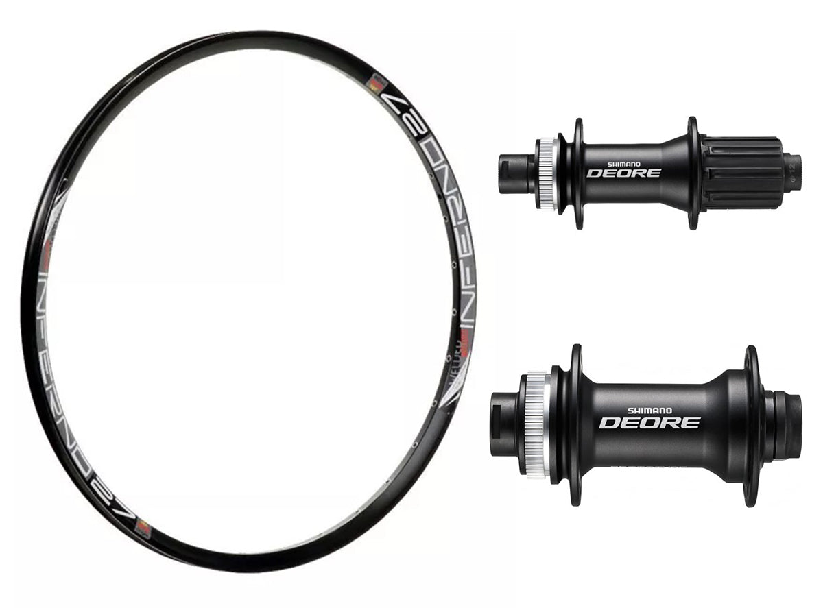 Shimano M618 on Sun Inferno 27 27.5" MTB Wheelset Black 15x100mm Front - 12x142mm Rear - Centerlock - Shimano HG