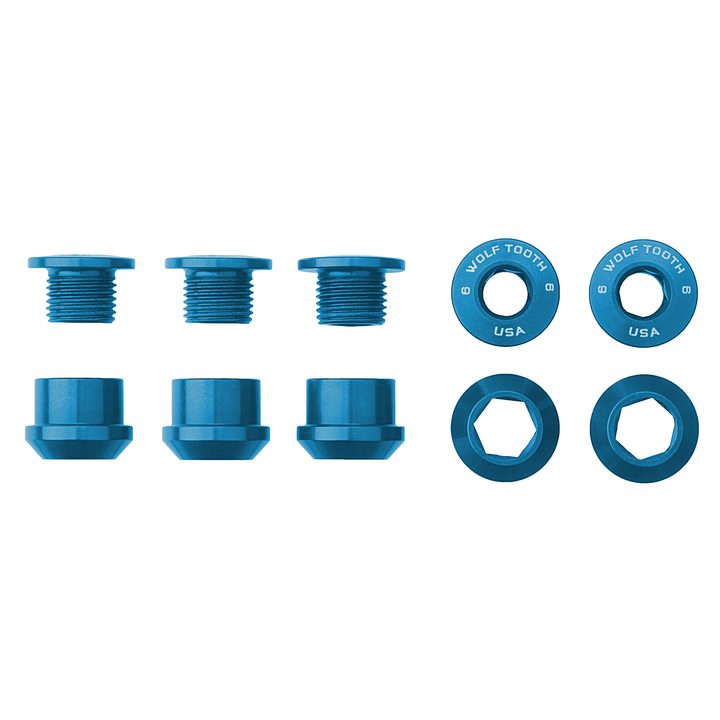 Wolf Tooth Components Chainring Bolt & Nut Set - 1X - Blue Blue 6mm - 5 Pcs