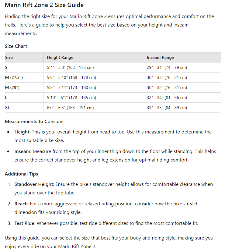 Marin rift zone size chart hotsell