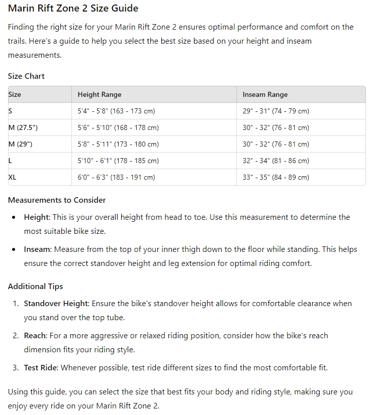 Marin rift zone size chart sale