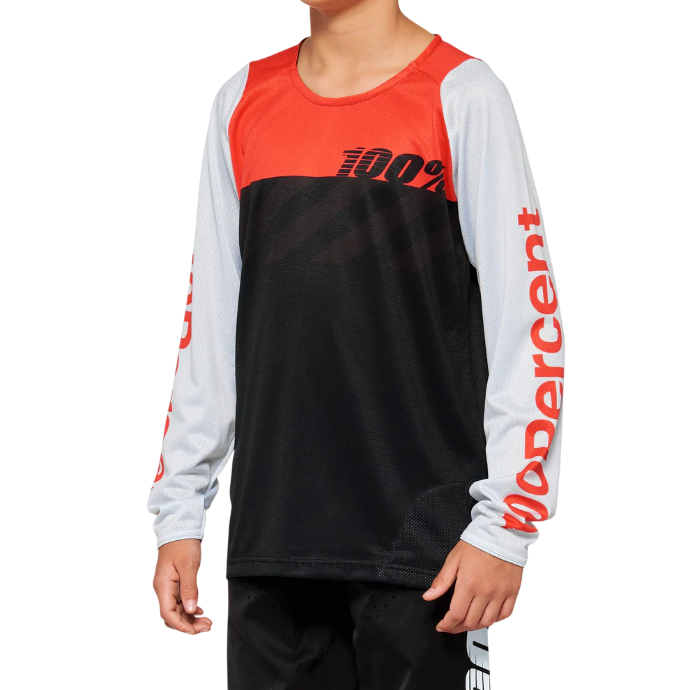 100% R-Core Long Sleeve MTB Jersey - Youth - Black-Racer Red