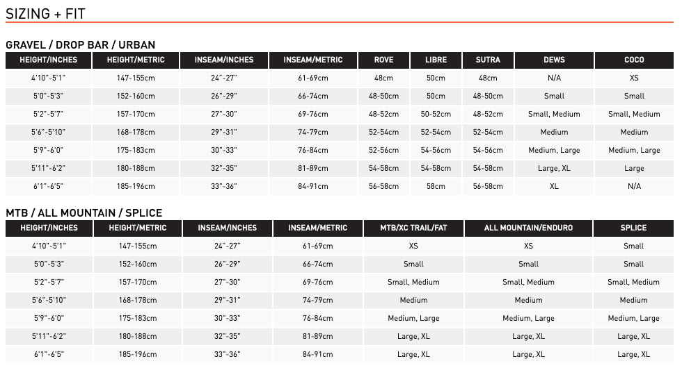 Kona frame hot sale size chart
