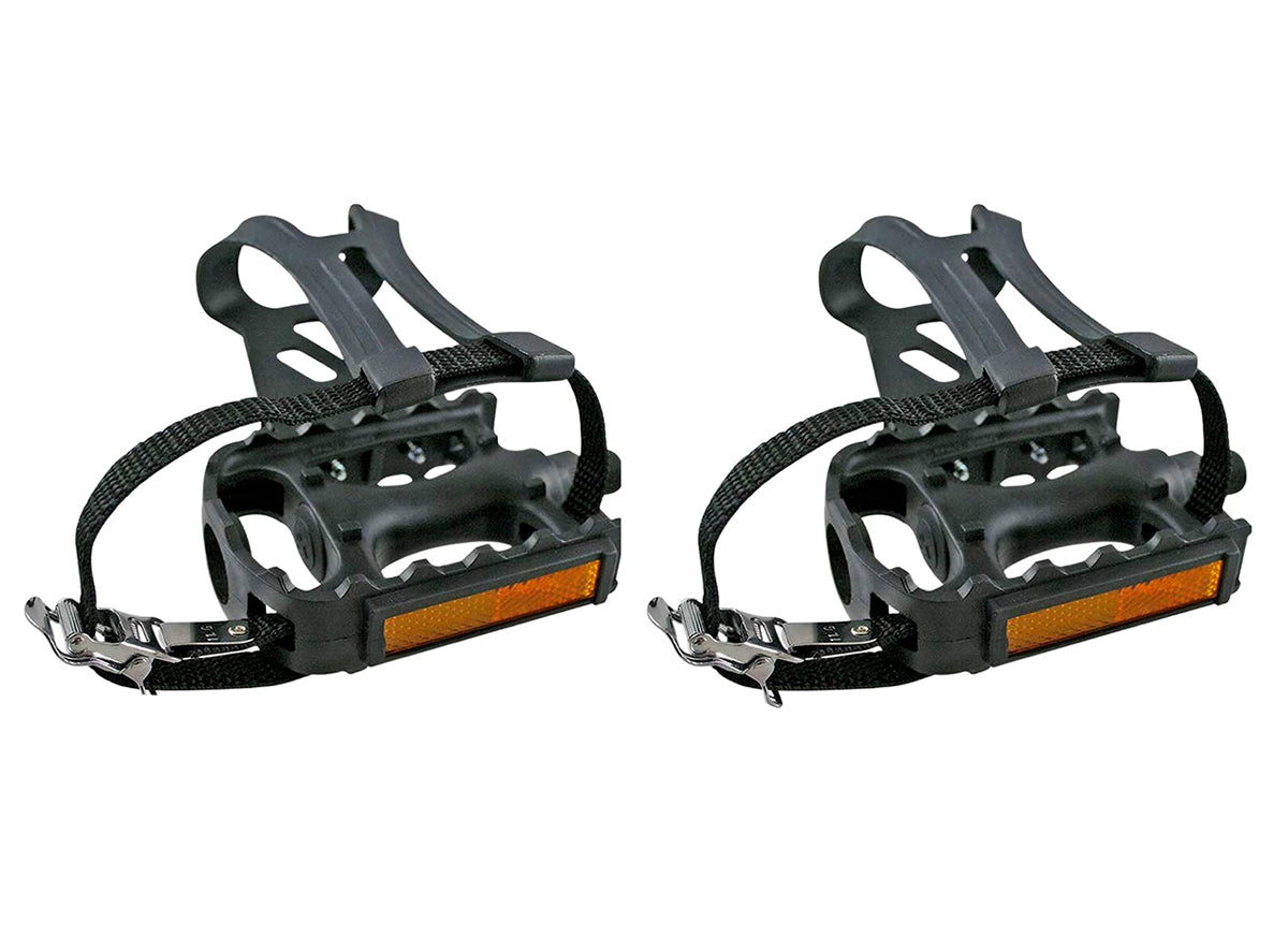 CBO Generic 9/16 Resin Pedals with Clips & Strap - Black Black 9/16" Spindle 