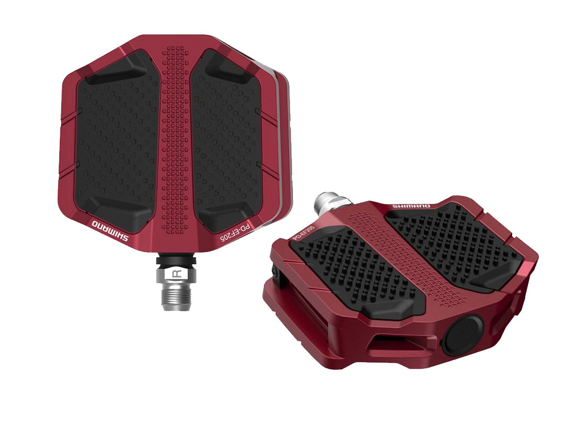 Shimano EF205 E-Bike Flat Pedals - Red Red No Relector - With Friction Plate 