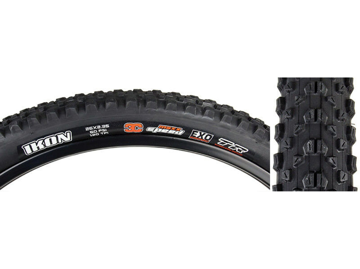 Maxxis Ikon 26" Folding MTB Tire - EXO Black 2.35" (3C)MaxxSpeed - (TR)Tubeless Ready - (EXO)EXO Sidewall - 120TPI