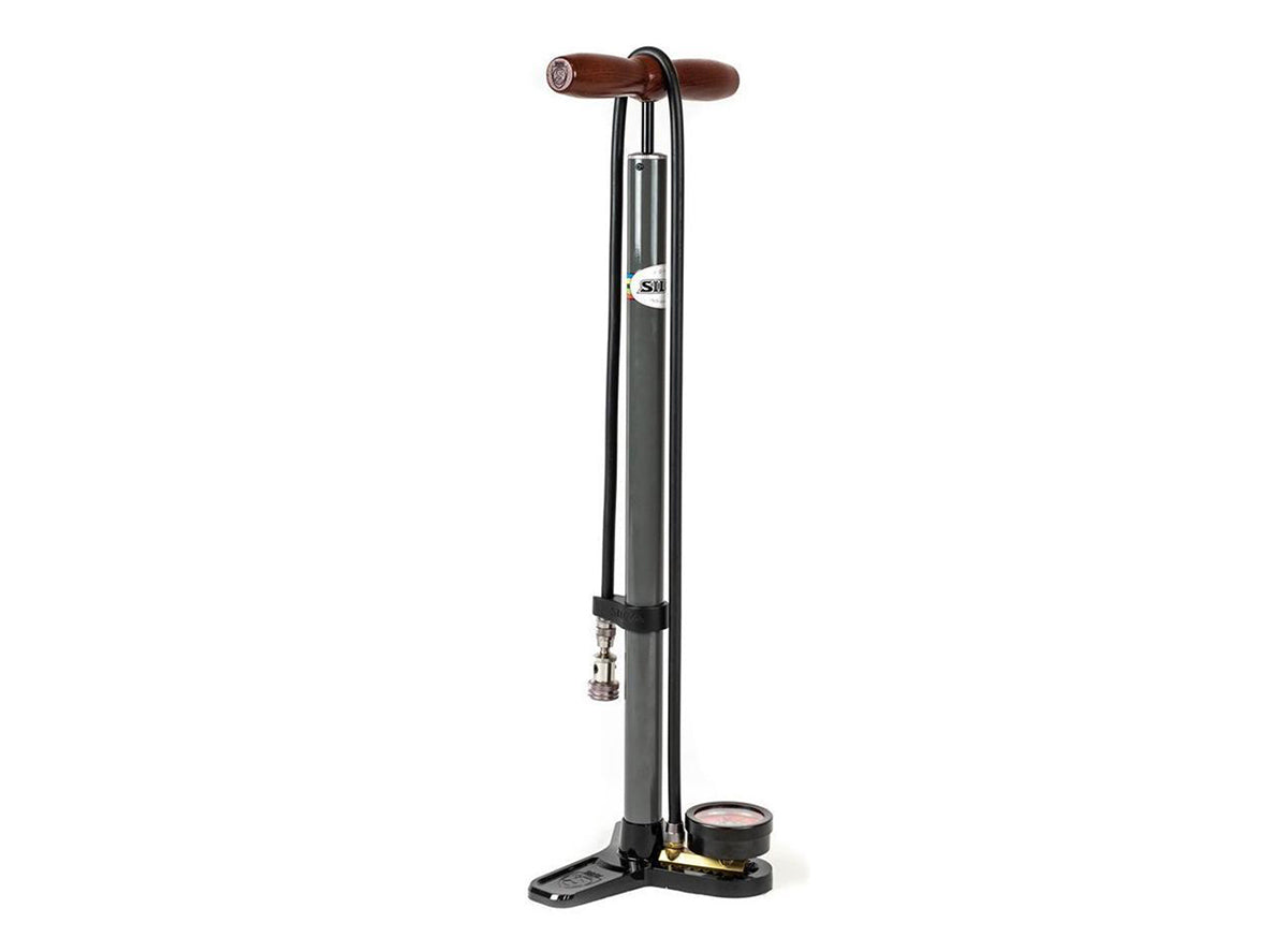 Silca Pista Plus Floor Pump - Gunmetal Gray Gunmetal Steel Gray - Ashwood Handle Presta / Schrader 