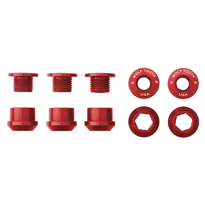 Wolf Tooth Components Chainring Bolt & Nut Set - 1X - Red Red 6mm - 5 Pcs 